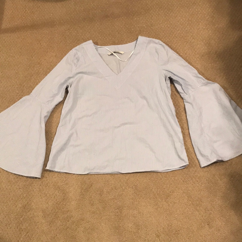 Zara striped bell flare sleeve v neck shirt top - Picture 4 of 6